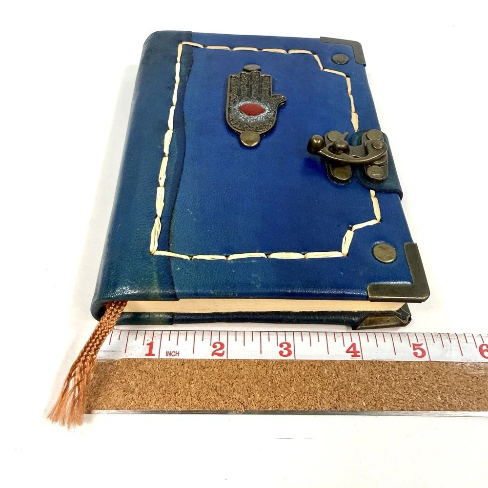 Vintage Handmade Leather Journal Hamsa Evil Eye Locking Blank Notebook Blue 6.5